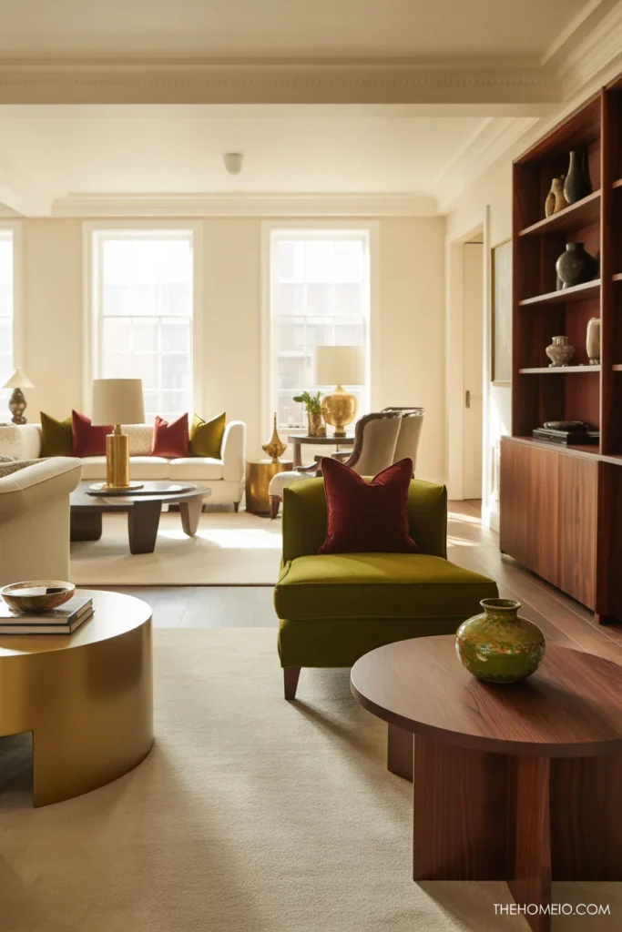 Elegant living room with warm ivory walls, olive accents, and rich jewel-tone details
