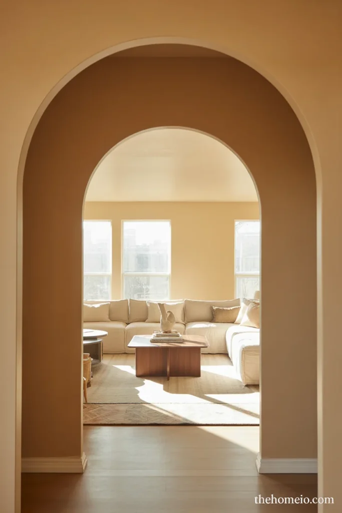 Living room with an arch highlighted by a soft contrasting paint color