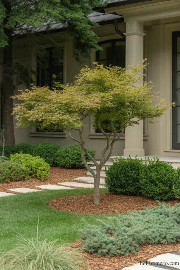Front yard with a compact Japanese maple and clean entry landscaping