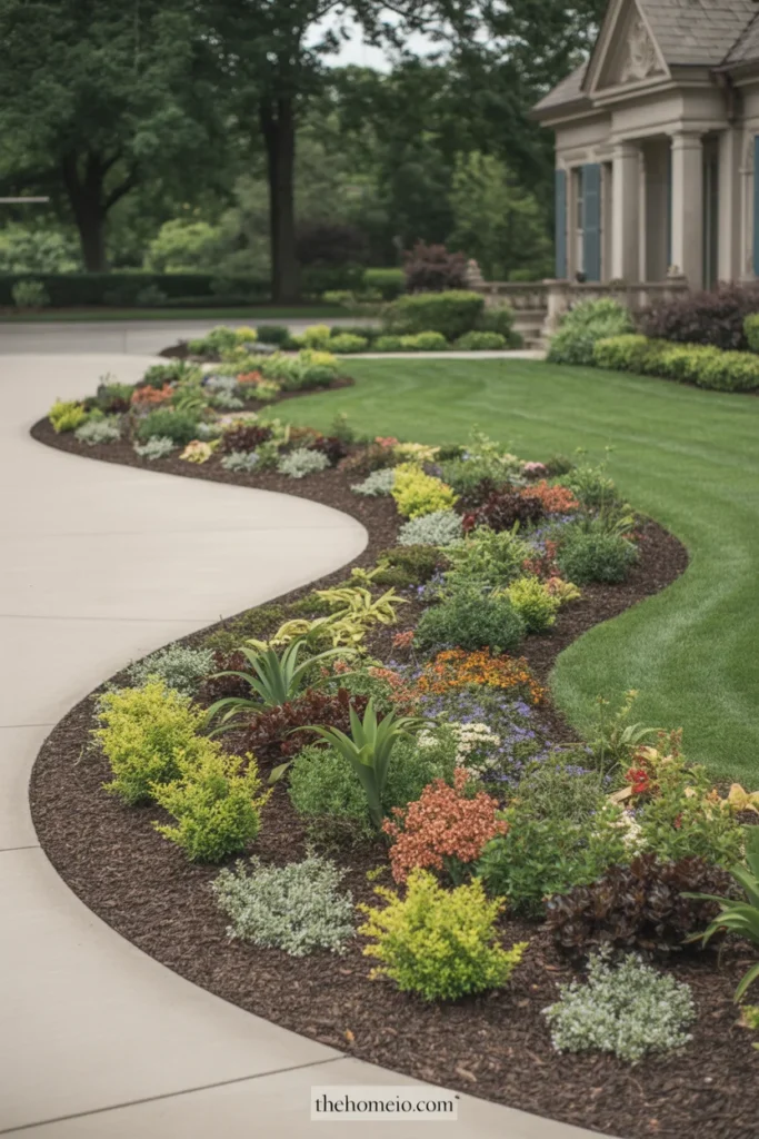 Front yard flower bed with a gentle curved border beside the walkway