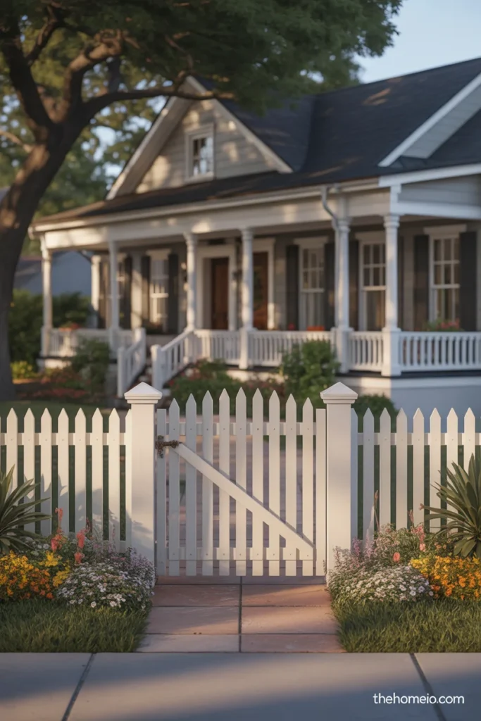 Front yard with a classic white picket fence and matching gate