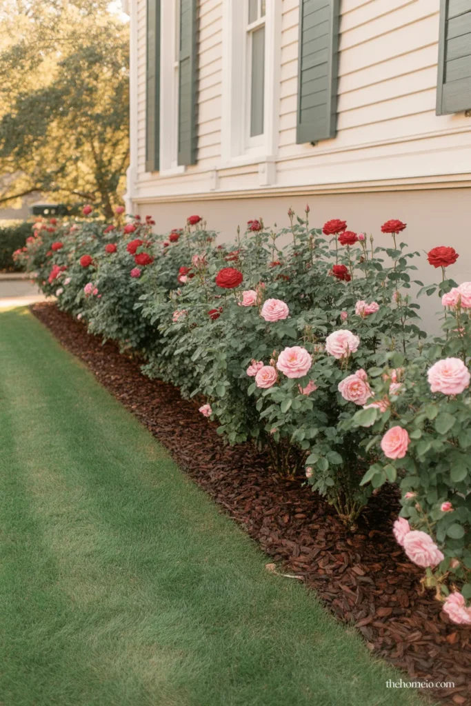 Knock Out Rose shrubs planted along front of house foundation in full sun