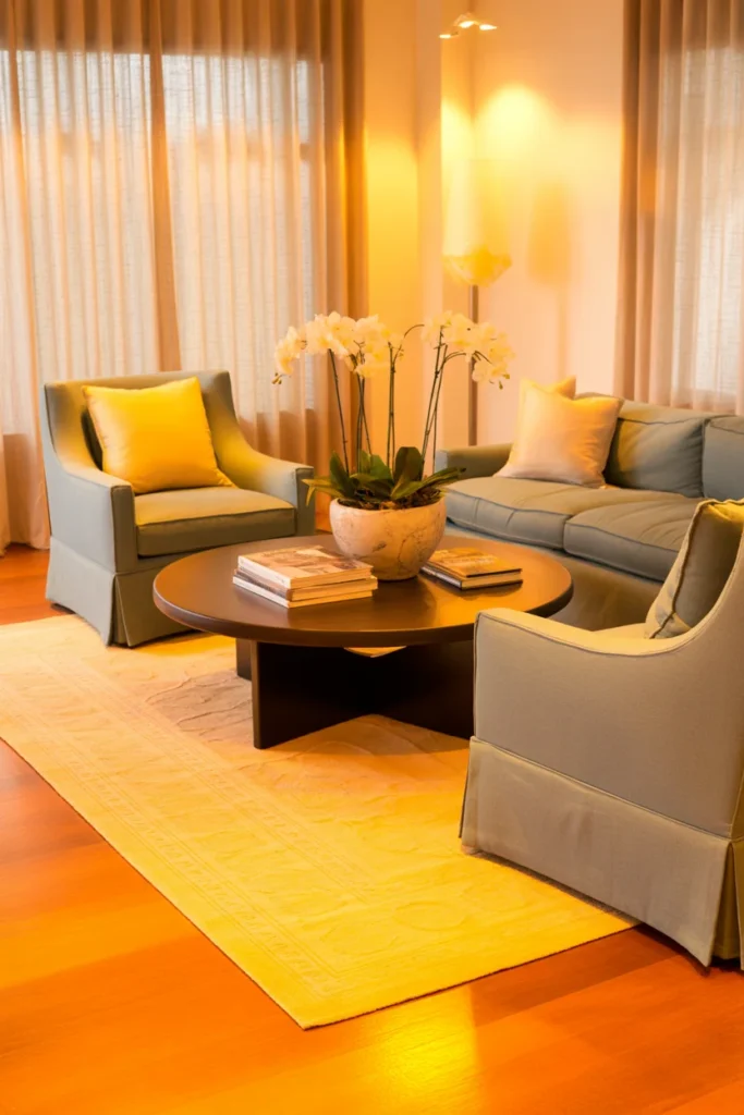 Living room with sofa and chairs pulled inward to create a cozy conversation area