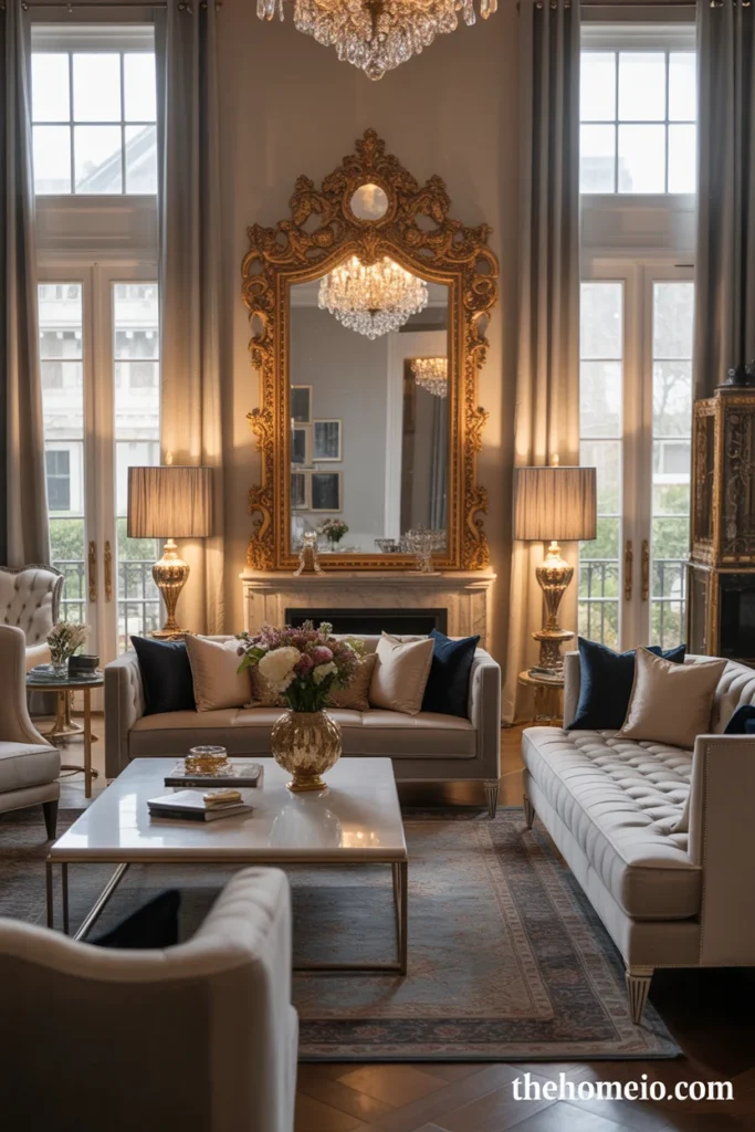 Royal-inspired living room with oversized mirror and elegant focal wall