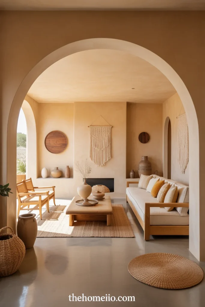 Mediterranean-style living room with a plaster arch and warm earthy decor