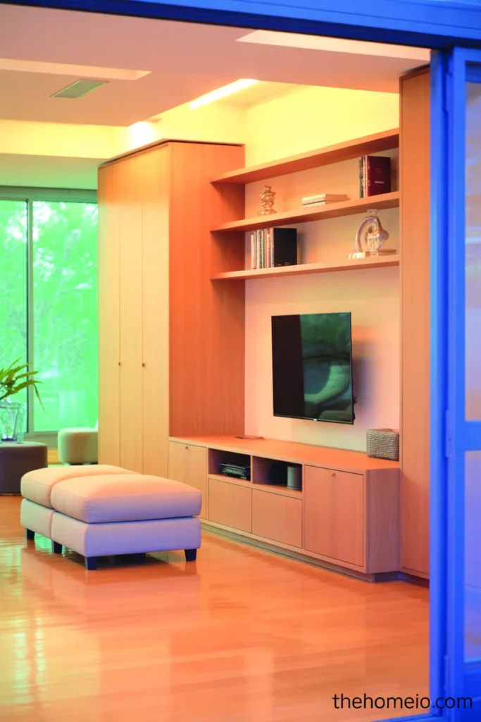 Living room with built-in storage, media console, and clutter-free styling