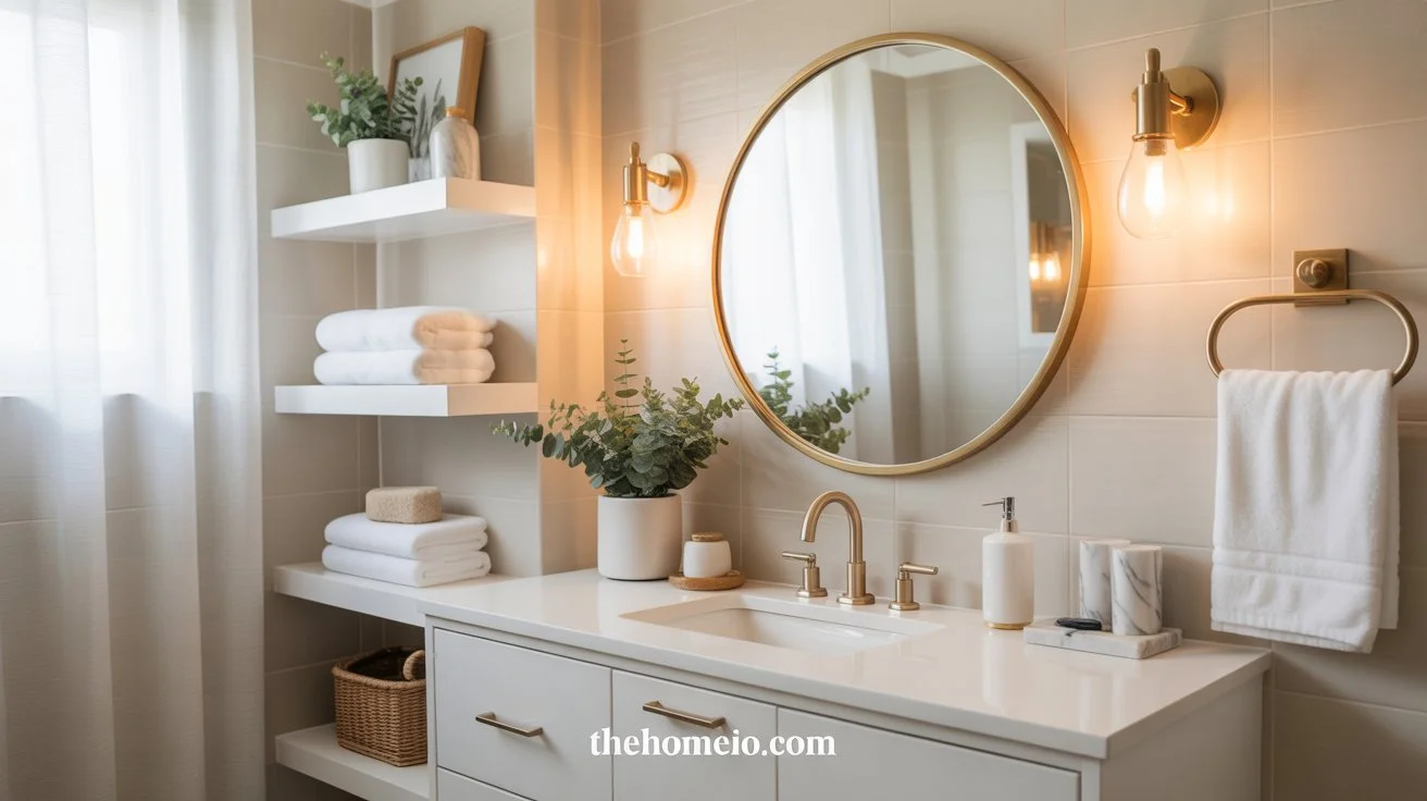 Elegant budget bathroom makeover ideas with round mirror, gold accents, soft lighting, and neutral decor