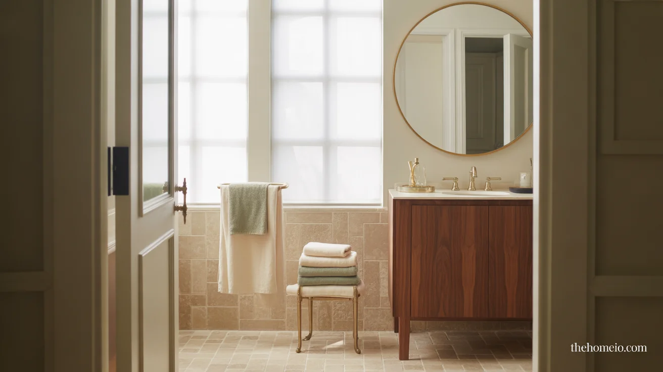 Guest Bathroom Ideas with warm wood vanity, layered lighting, and soft stone finishes.