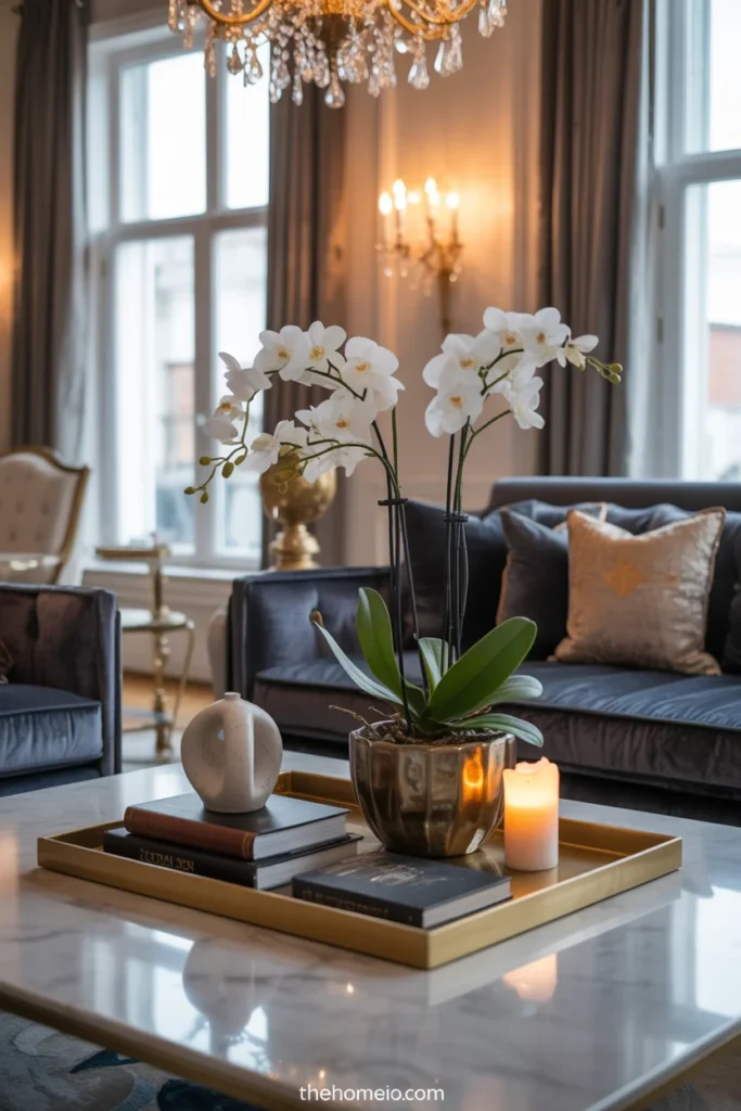 Royal living room with polished styling, books, sculptural decor, and elegant arrangement