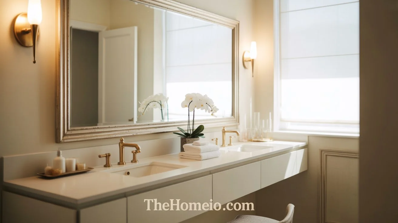 Bright bathroom mirror ideas with large mirror, warm lighting, and elegant decor that makes the space look bigger