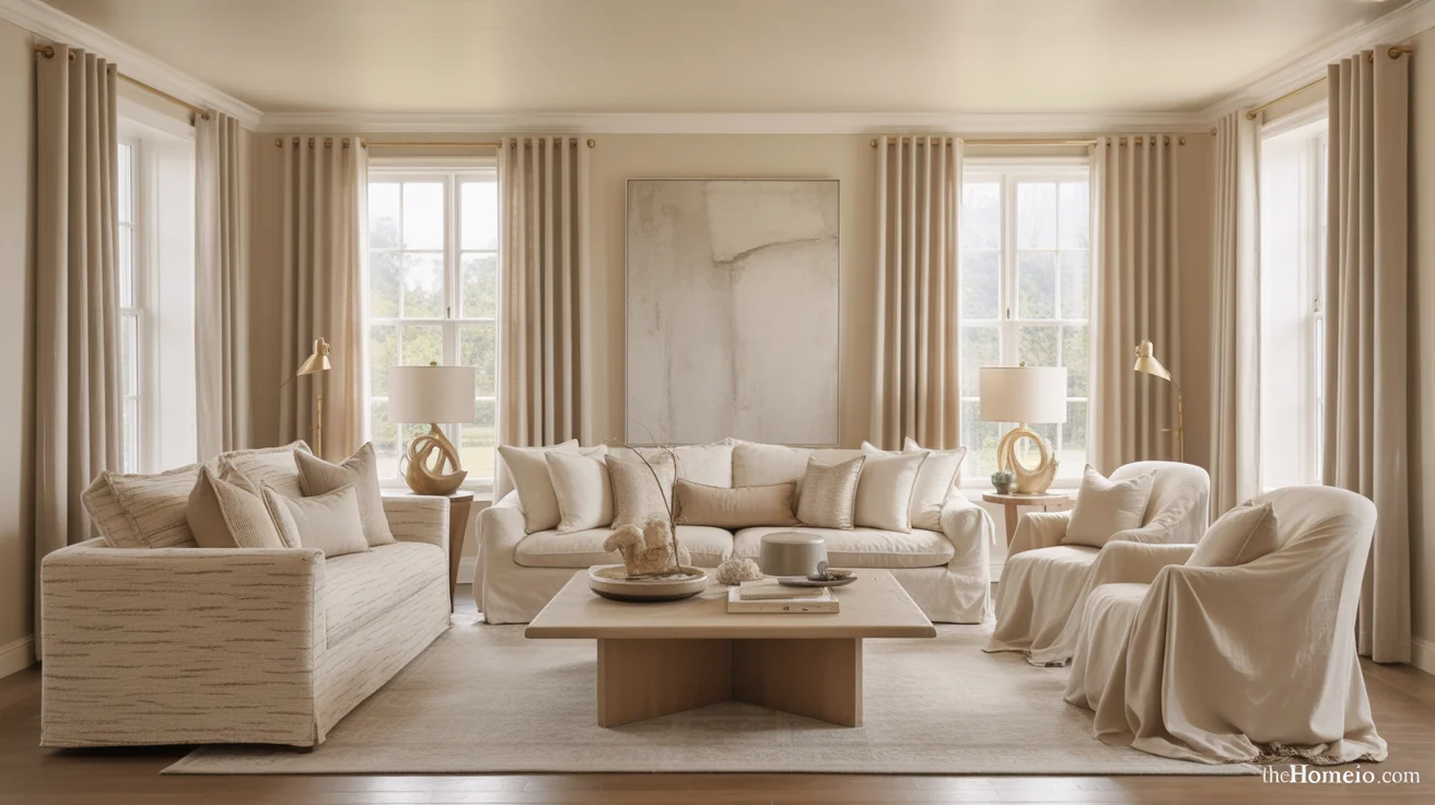 Calm Neutral Living Room Ideas with textured sofa, wood coffee table, and soft linen curtains