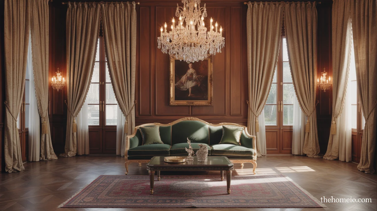 Royal Living Room Ideas with velvet sofa, chandelier, paneled walls, and gold accents