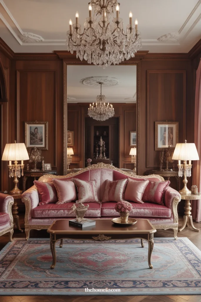 Royal living room with a plush velvet sofa and soft layered pillows