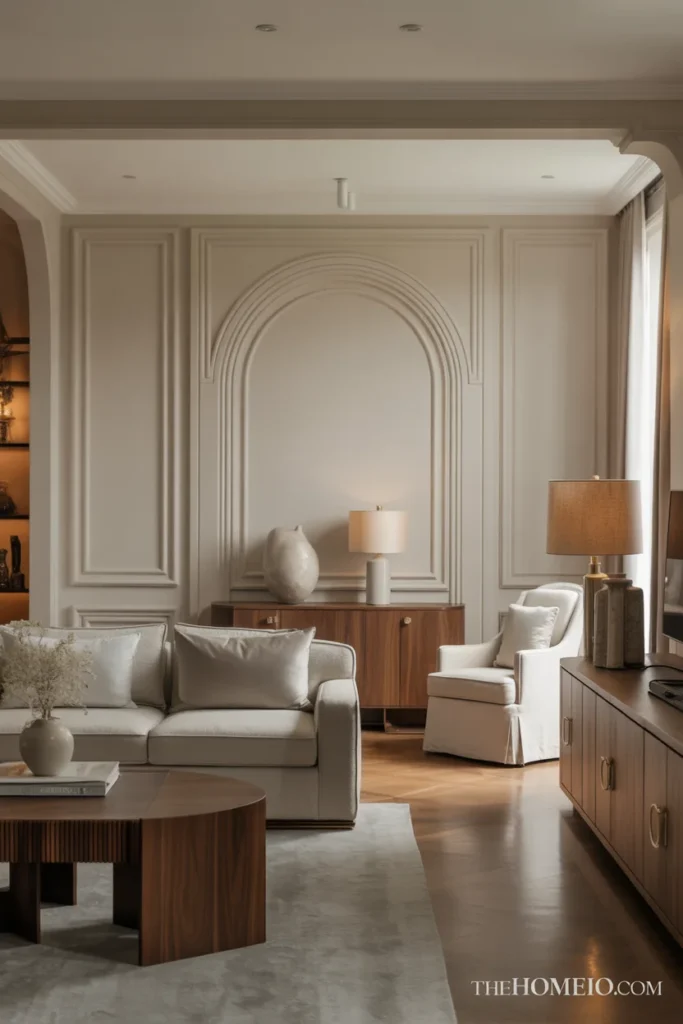 Living room arch styled with wall molding and classic trim details