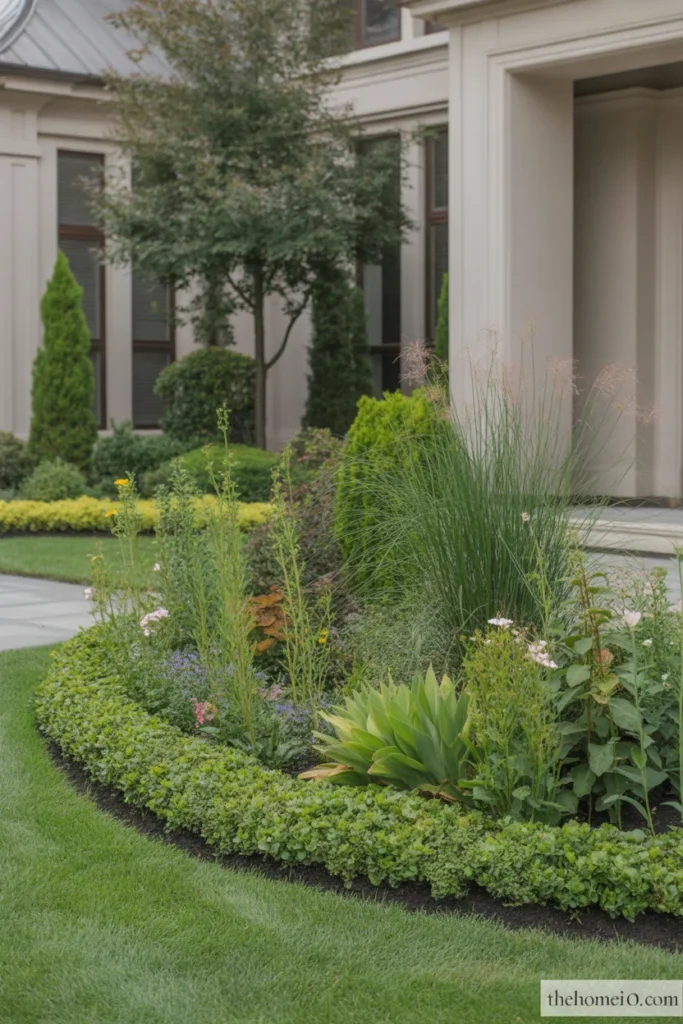 Front yard flower bed with layered planting in tall, medium, and low heights