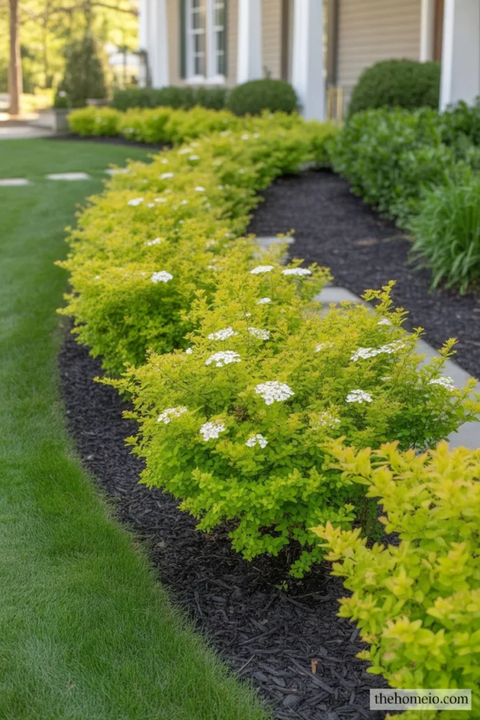 Goldmound Spirea shrubs in full sun along front of house foundation bed