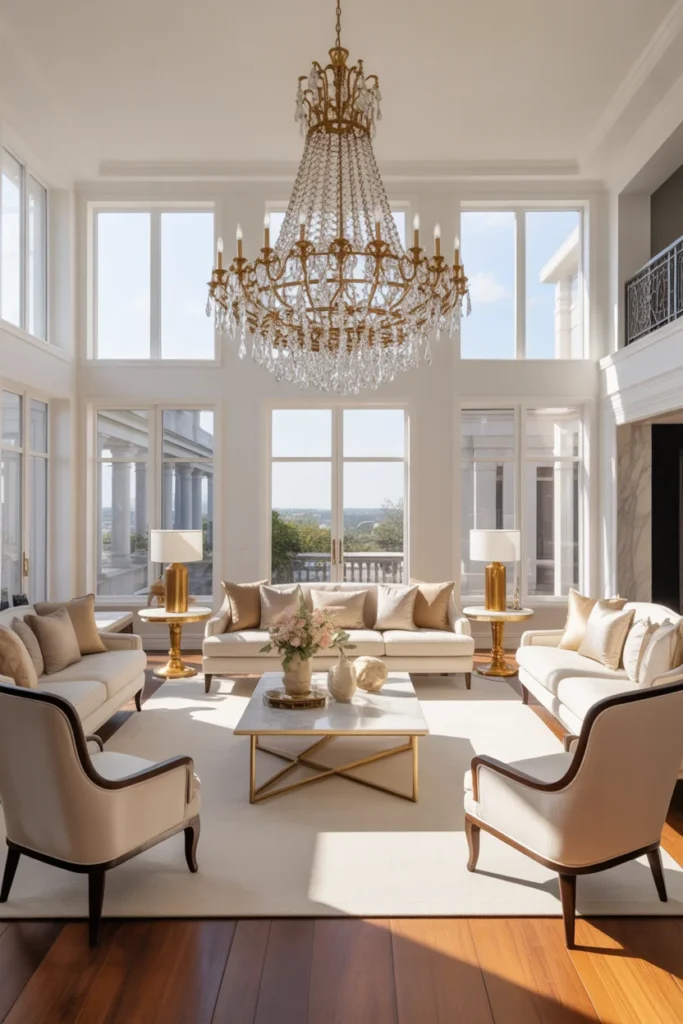 Elegant living room with a dramatic chandelier over the seating area