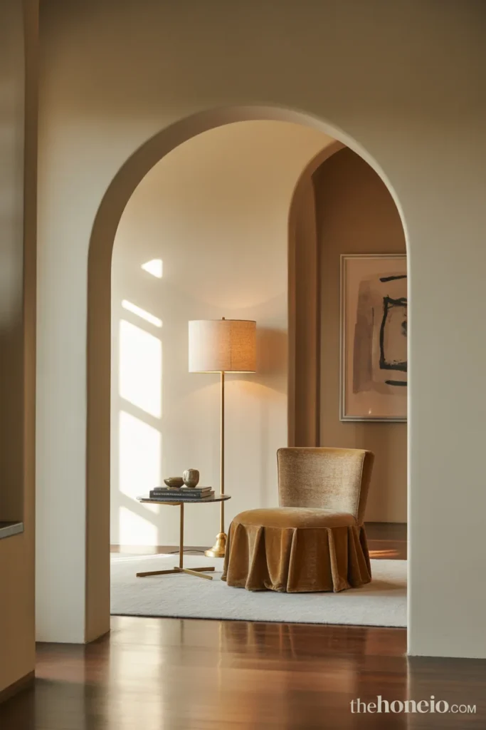 Living room arch framing a reading nook with chair, lamp, and side table