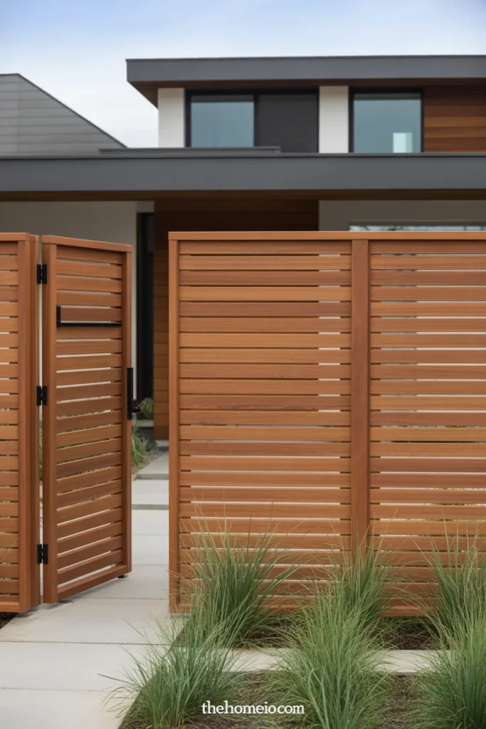 Modern front yard with a horizontal wood slat fence and minimalist landscaping