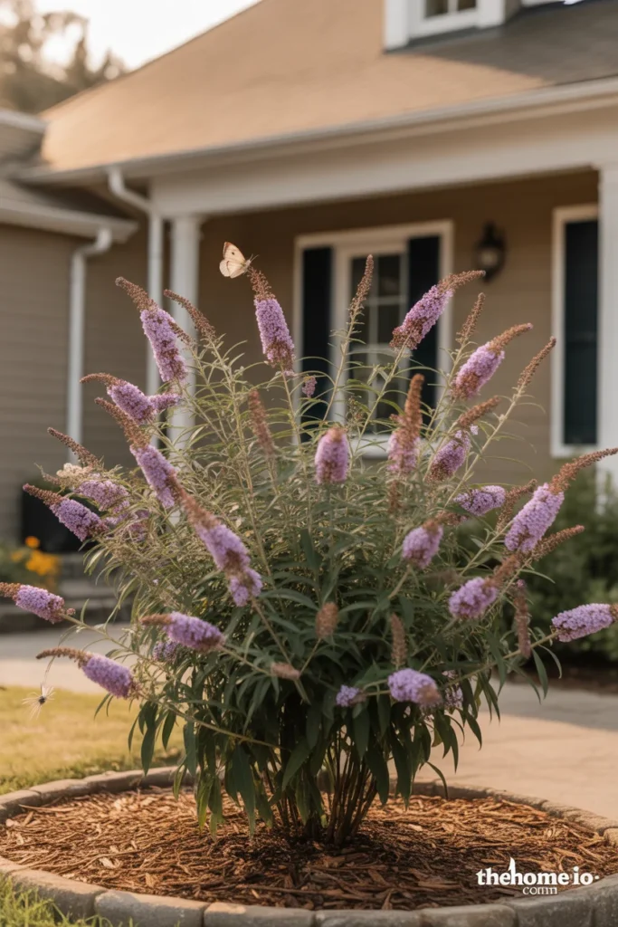 Purple Butterfly Bush in full bloom planted at front of house in full sun