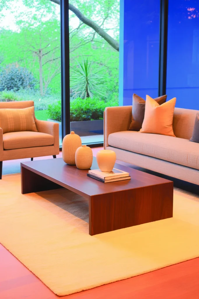 Living room with a correctly sized area rug anchoring the seating area