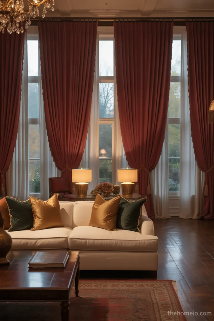 Luxury living room with floor-to-ceiling drapery and tall elegant windows