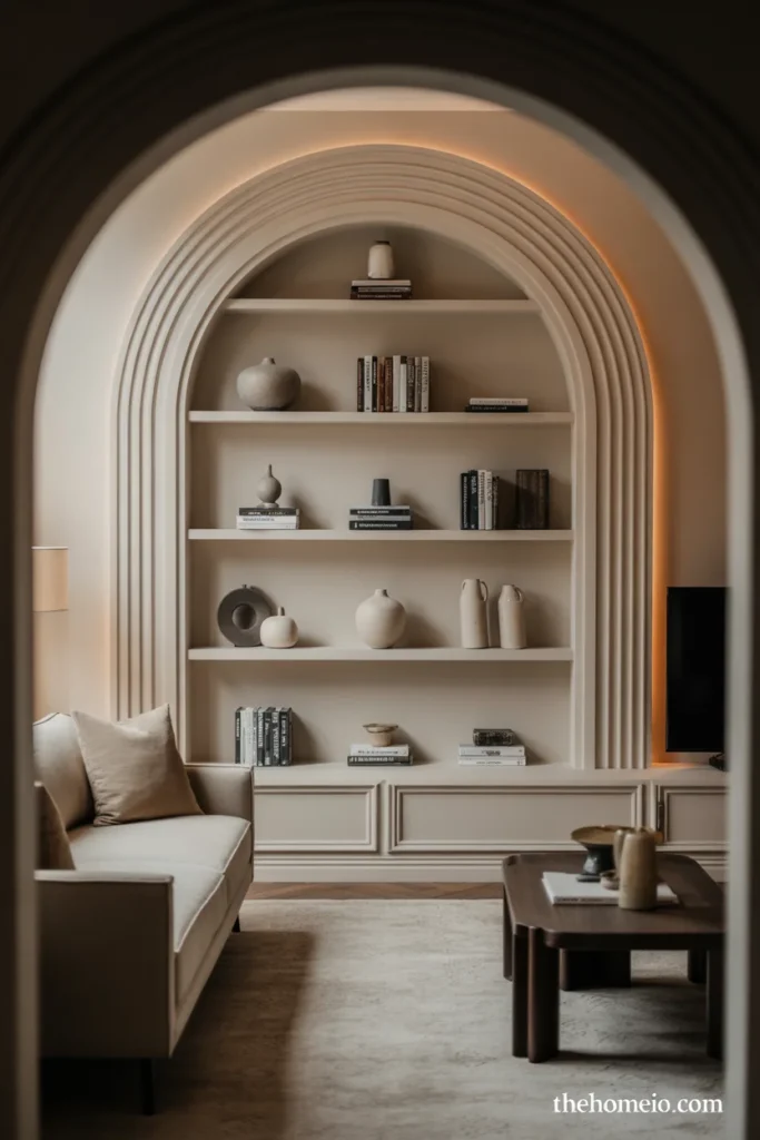 Living room with an arched niche styled with built-in shelves and simple decor