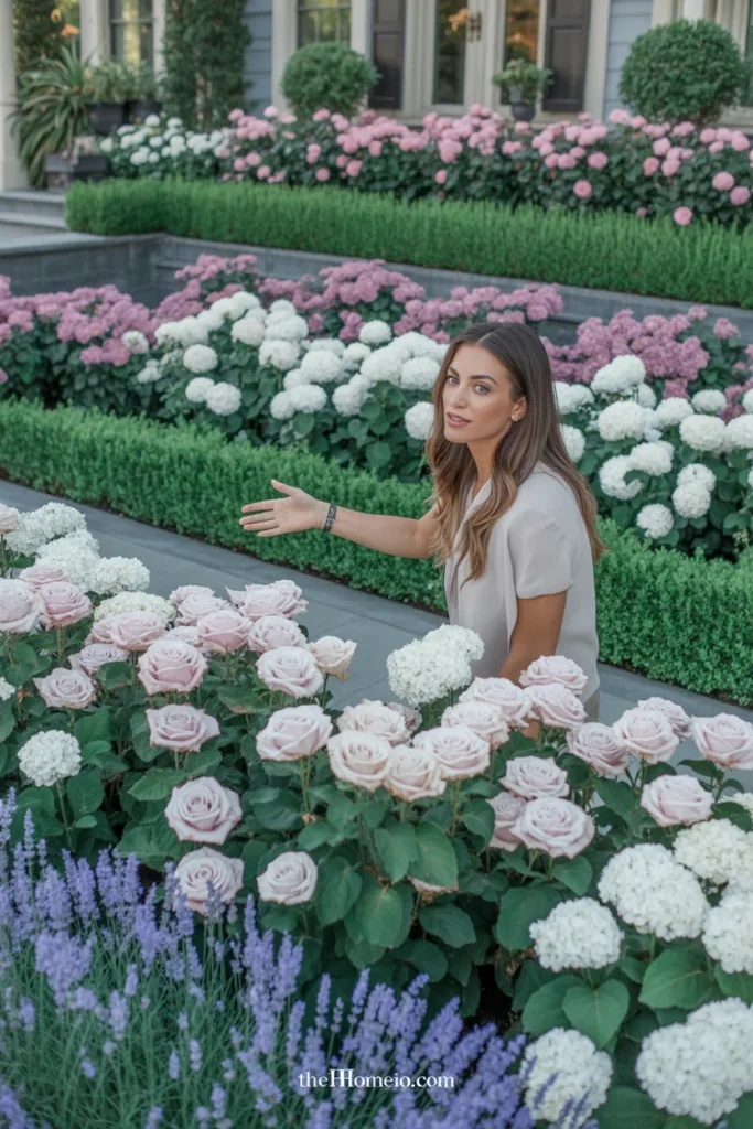 Front yard flower bed with repeated bloom colors for a cohesive design