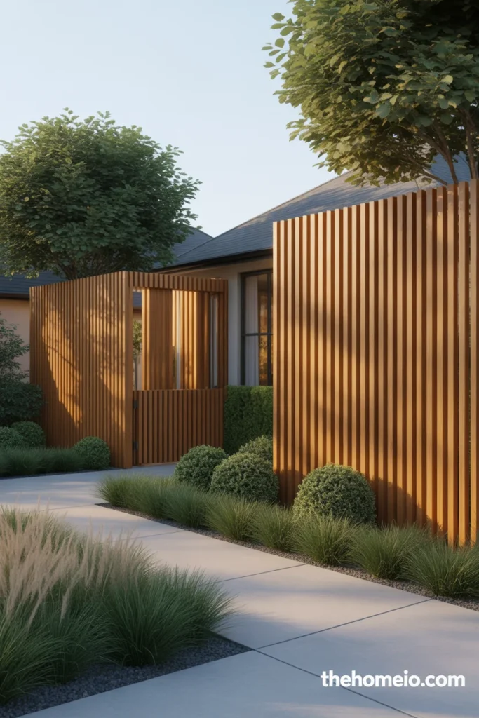 Front yard with a vertical timber slat fence and warm modern curb appeal