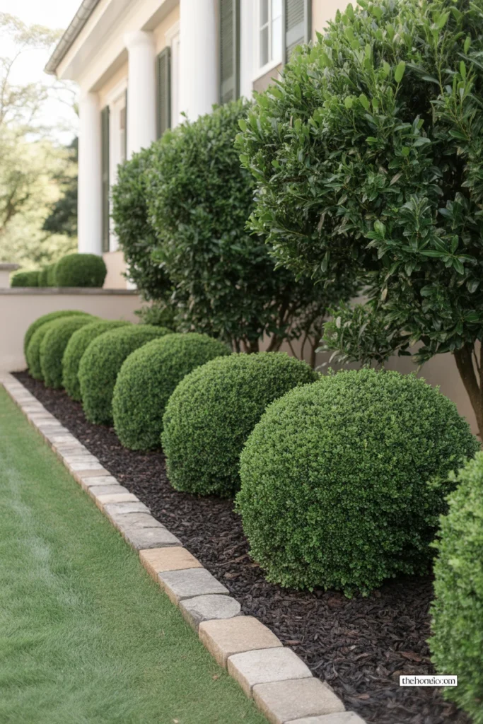 Boxwood shrubs planted in a row along front house foundation in full sun