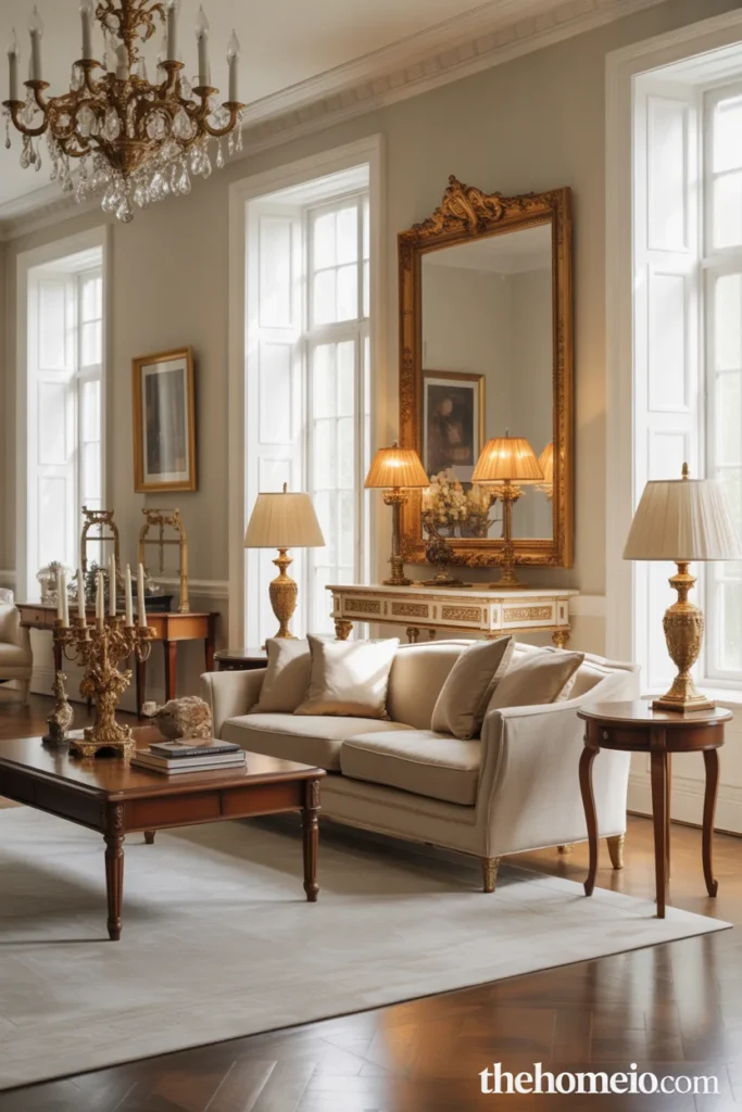 Royal-inspired living room with gold accents, brass lighting, and dark wood furniture
