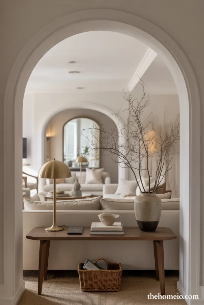 Living room arch styled with a slim console table, lamp, and decorative vase