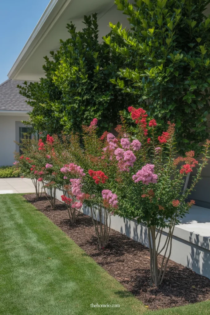 Dwarf Crape Myrtle shrubs blooming in pink and red along front of house in full sun