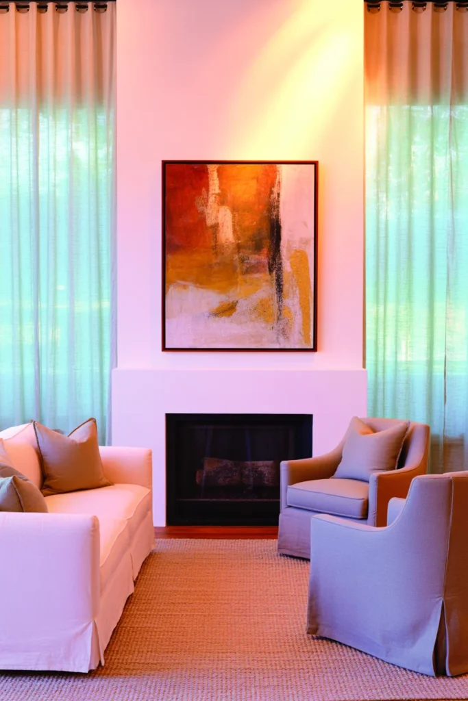 Living room arranged around a fireplace focal point with balanced seating