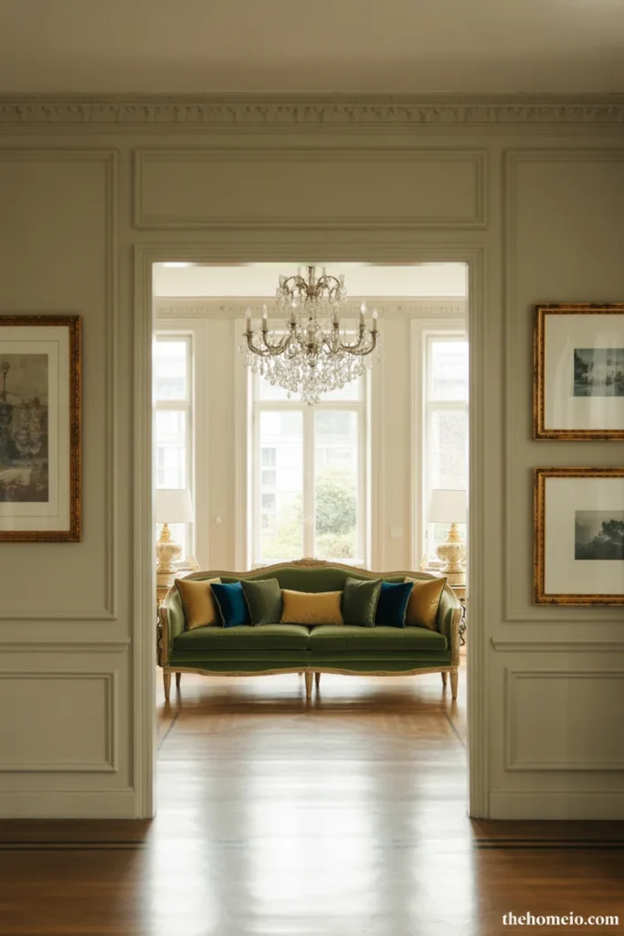 Elegant living room with paneled walls, wall molding, and classic refined styling