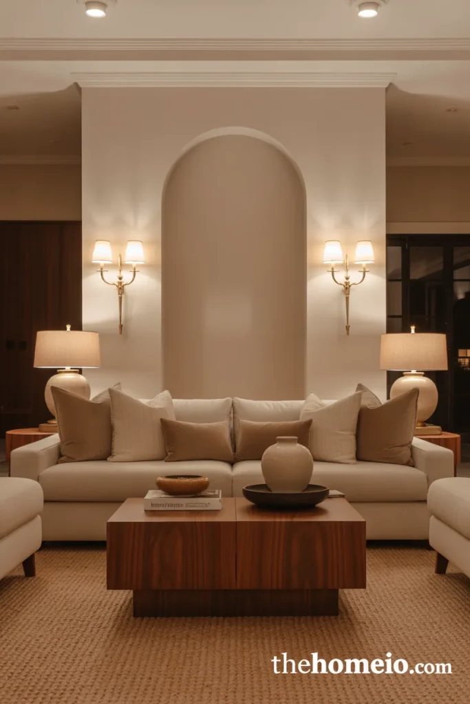 Living room arch with wall sconces and layered lighting for a polished look