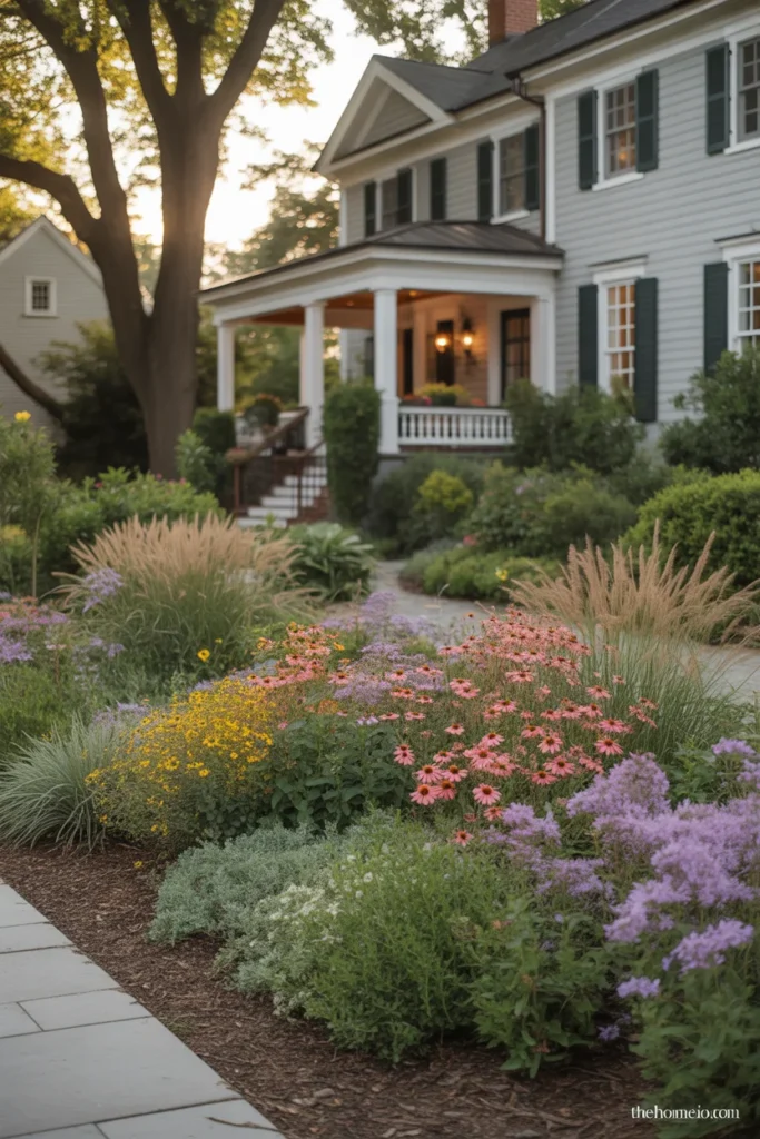 Front yard flower bed planted with pollinator-friendly blooms and layered shrubs