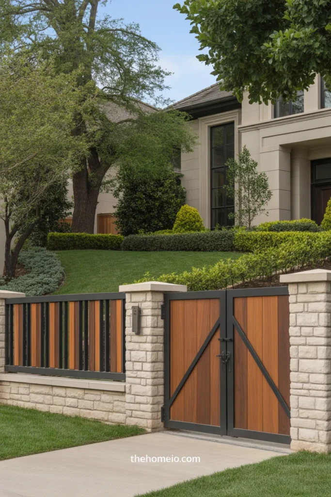 Front yard with a mixed stone and wood fence for a rich custom look