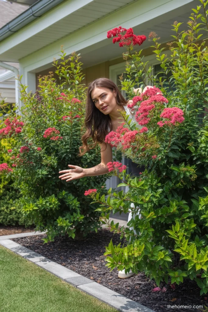 Deep burgundy Barberry shrubs planted along front of house foundation in full sun