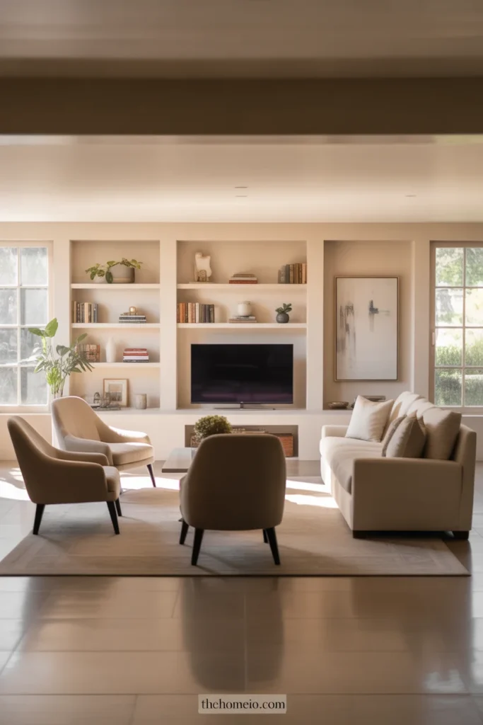 Living room with an eye-level TV and balanced media wall styling