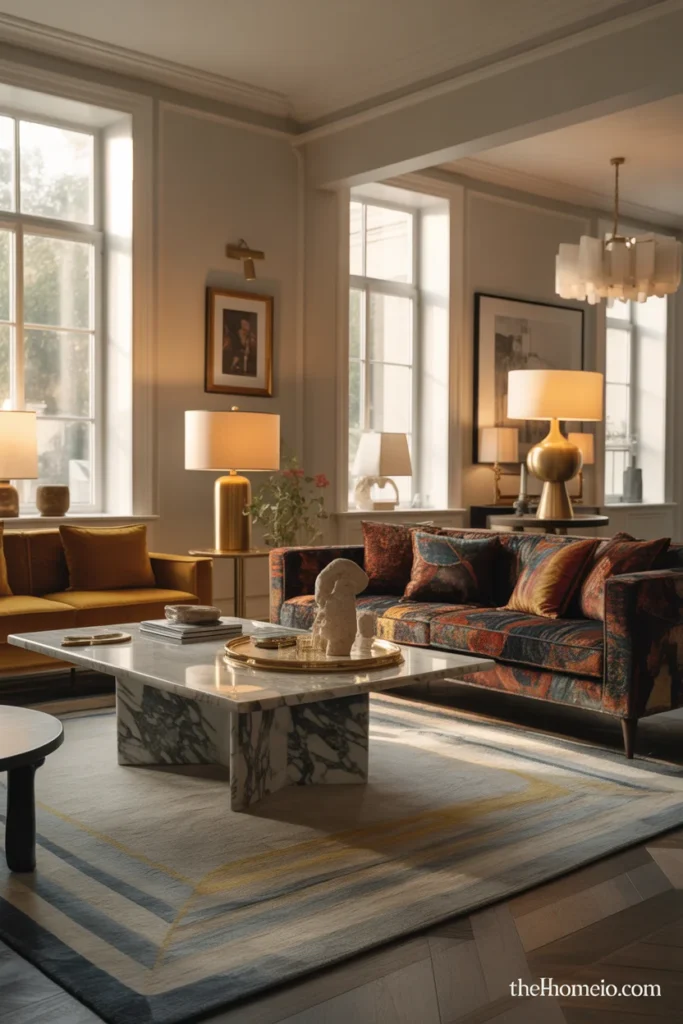 Luxury living room with a marble coffee table and velvet seating