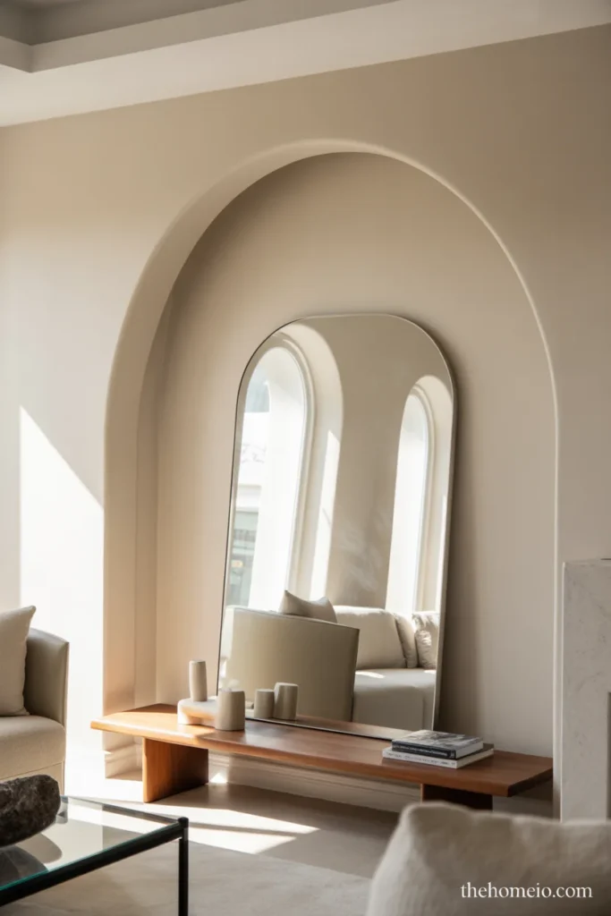 Modern living room with an interior arch, leaning mirror, and low console styling