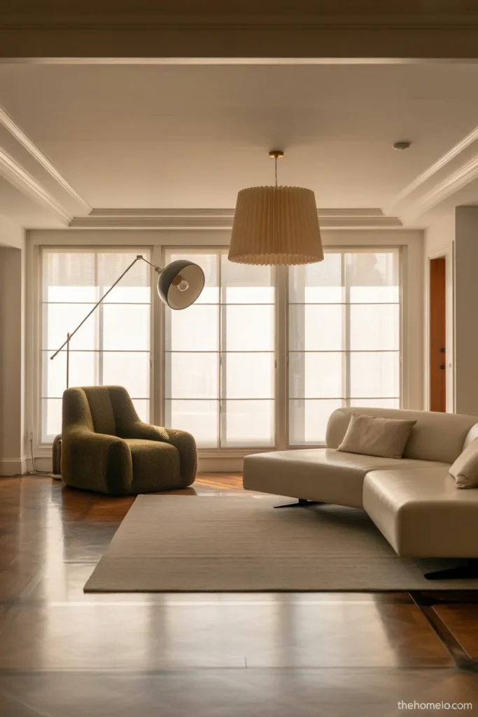 Open-concept living room divided into clear functional zones with rugs and furniture