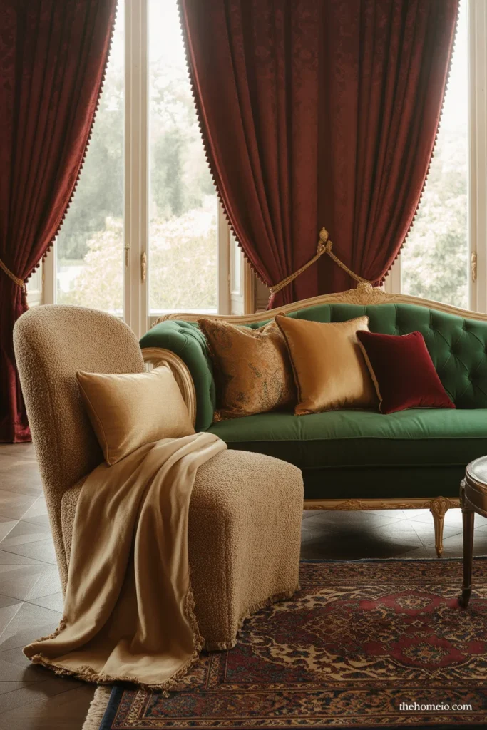 Royal living room layered with velvet pillows, textured rug, and plush fabrics