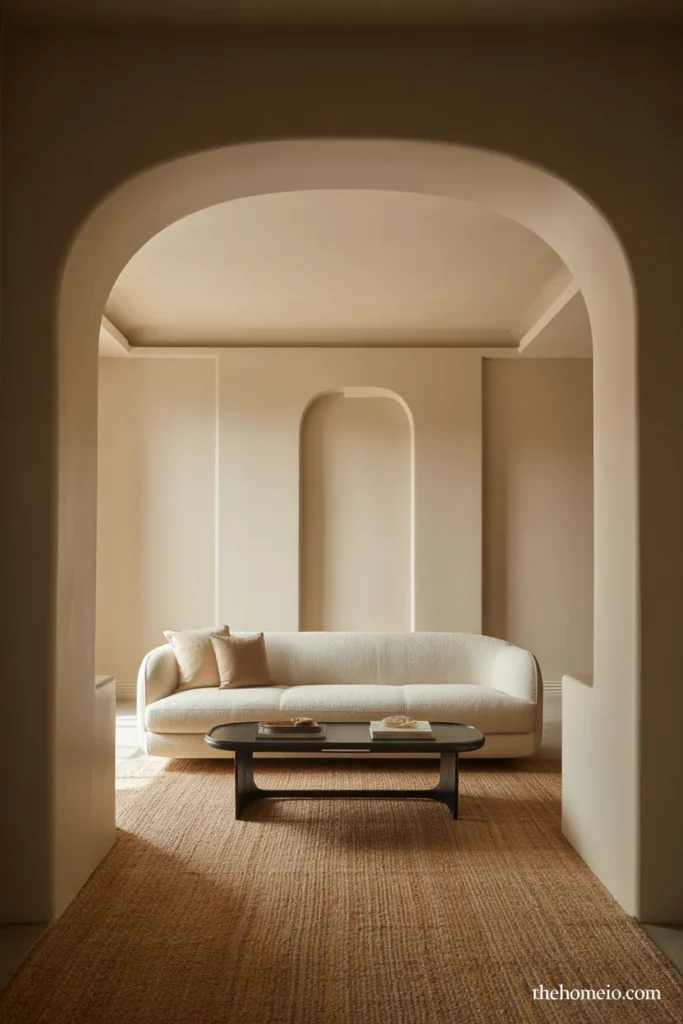 Living room with low furniture arranged to keep the arch fully visible