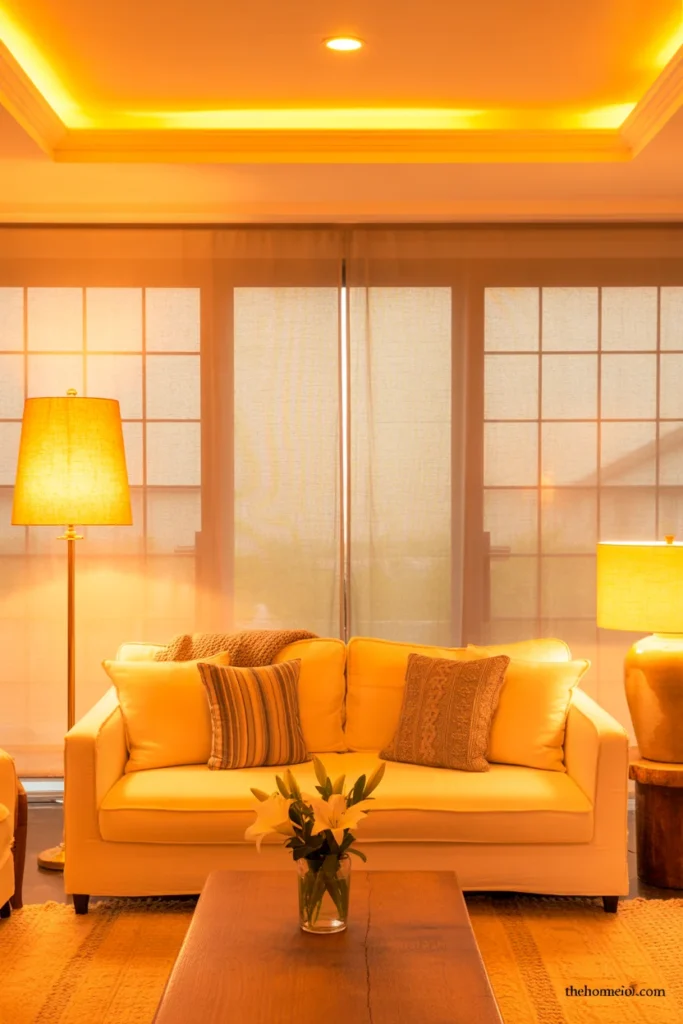 Living room with layered lighting from table lamps, floor lamps, and daylight