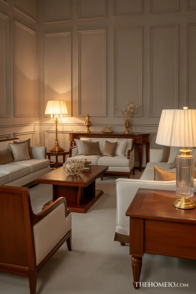 Elegant living room with dark wood furniture and warm neutral seating
