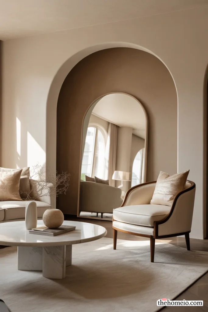 Living room with an interior arch and repeated curved furniture and decor shapes