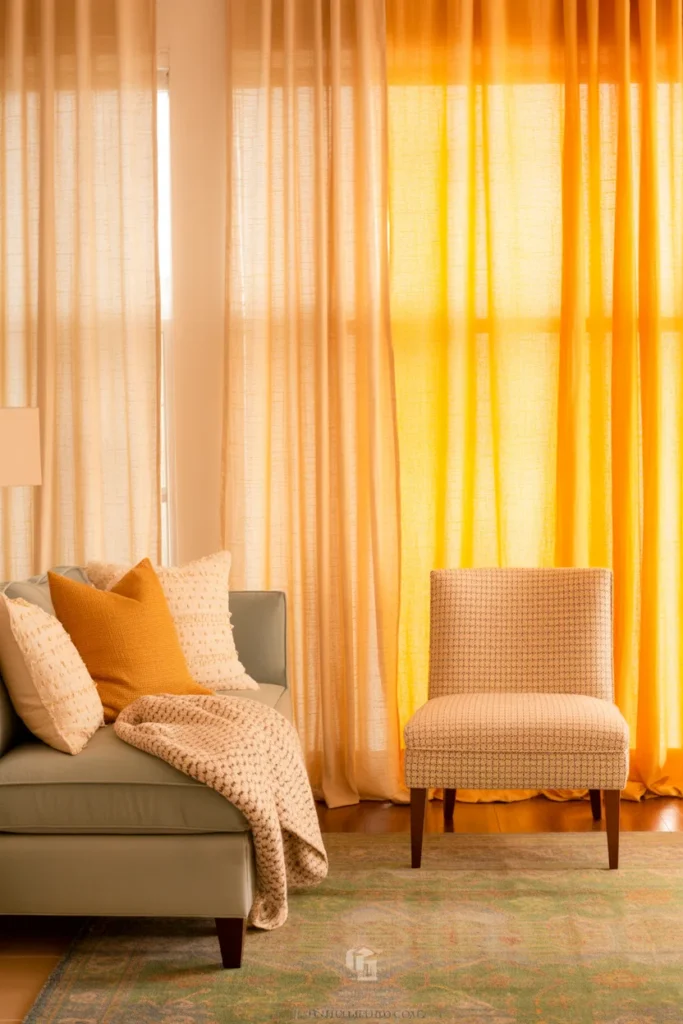 Cozy living room with textured sofa, soft rug, curtains, and layered pillows