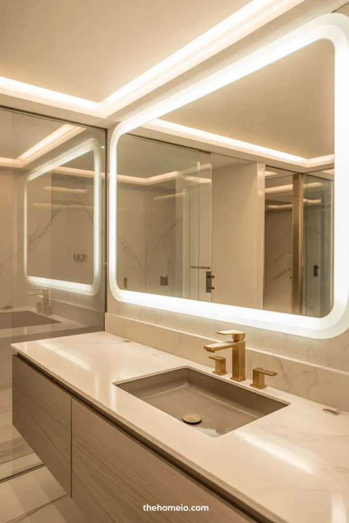 A modern bathroom with a glowing backlit mirror, warm ambient lighting, neutral tones, clean vanity styling, and a luxurious hotel-inspired atmosphere.